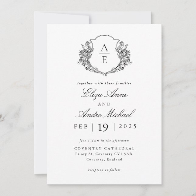Elegant Black and White Monogram Wedding  Invitation (Front)