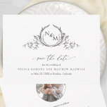 Elegant Black and White Monogram Wedding Photo Save The Date<br><div class="desc">Elegant Wedding invitation save the date card with delicate hand drawn monogram with couples initials and beautiful hand written calligraphy details. Back with photograph, simply add your photo on the image template, and Zazzle will automatically make it in circular shape and add it in the right place for you! Feel...</div>