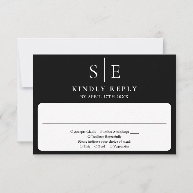 Elegant Black And White Monogram Wedding RSVP Card (Front)
