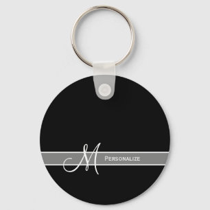 Elegant Black and White Monogram With Name Key Ring