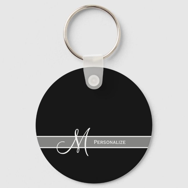 Elegant Black and White Monogram With Name Key Ring (Front)