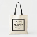 Elegant black and white mr mrs monogram wedding tote bag<br><div class="desc">Elegant black and white mr mrs monogram wedding tote bags. Fancy logo design with beautiful typography for name, date and monogrammed letter. Cute personalised gift or party favour idea for bride, flower girls, maid of honour and bridesmaids at wedding party. Classy script typography with chic background letter. Also great for...</div>