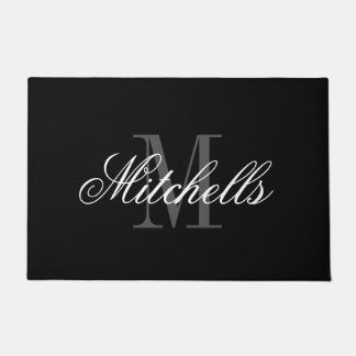 Elegant black and white name monogram door mat