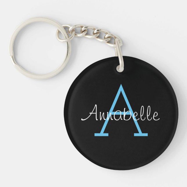 Elegant Black And White Name Monogram Keychain (Front)