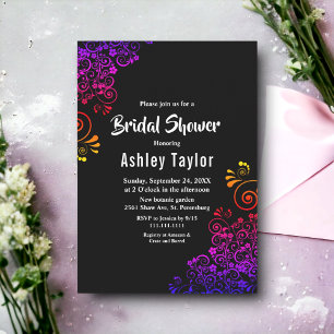 Elegant Black And White Neon Floral Bridal Shower Invitation