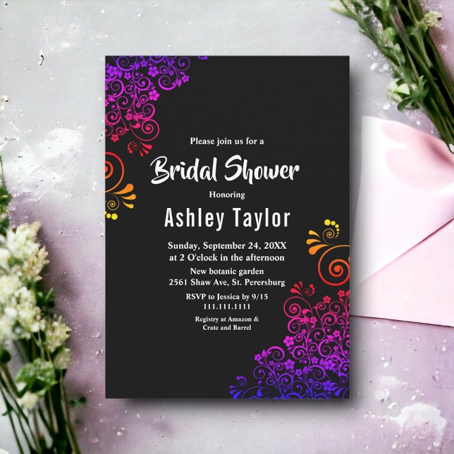 Elegant Black And White Neon Floral Bridal Shower Invitation (Creator Uploaded)