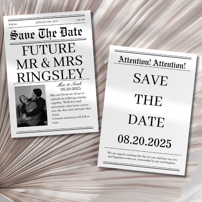 Elegant black and white Newspaper Photo Wedding Save The Date (Creator Uploaded)