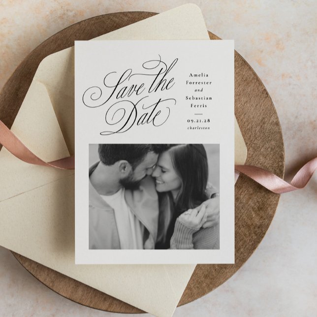 Elegant black and white one photo wedding save the date (Creator Uploaded)