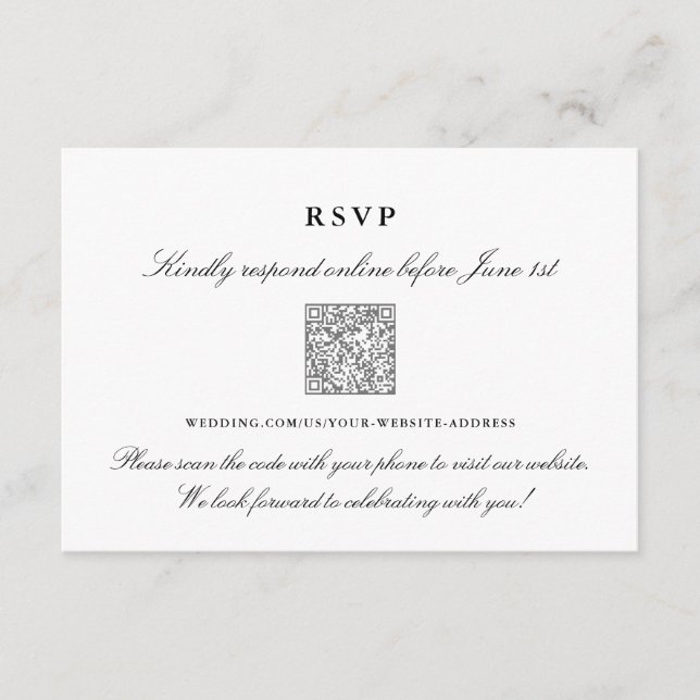 Elegant Black and White online RSVP QR code Enclosure Card (Front)