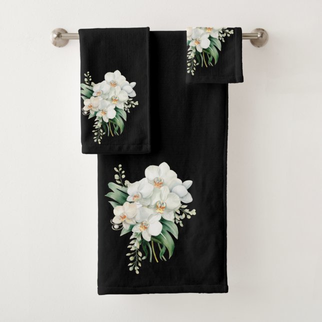 Elegant Black and White Orchid Bath Towel Set (Insitu)