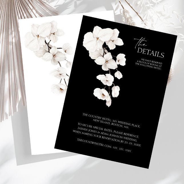 Elegant Black and White Orchid Wedding Details Enclosure Card (Modern Black and White Orchids Flowers Wedding Details Card)