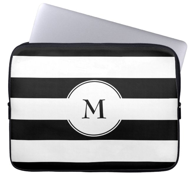 Elegant Black And White Pattern Monogram Laptop Sleeve (Front)
