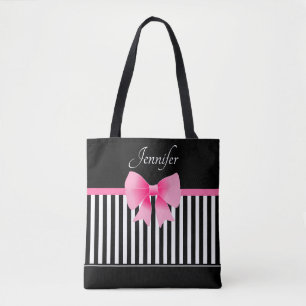 Elegant Black And White Pattern Pink Bow Tote Bag