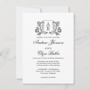 Elegant Black and White Peony Floral Wedding  Invitation