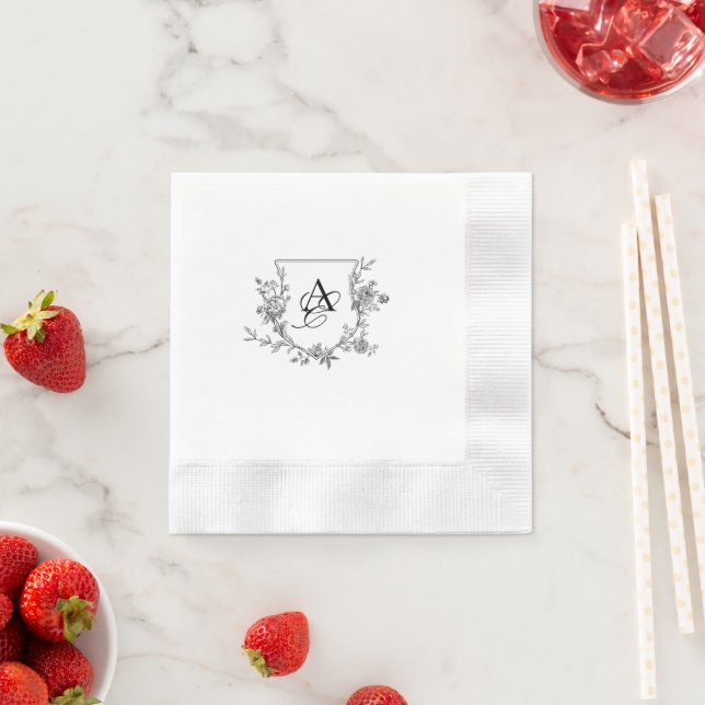 Elegant Black and White Peony Monogram  Napkin (Insitu)