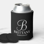 Elegant Black and White Personalised Bridesmaid Can Cooler<br><div class="desc">Elegant Black and White Personalised Bridesmaid Gifts
featuring personalised monogram in elegant calligraphy font style with bridesmaid's name and title in classic serif font style.

Also perfect for Maid of Honour,  Flower Girl,  Mother of the Bride and more.</div>