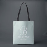 Elegant Black and White Personalised Bridesmaid Tote Bag<br><div class="desc">Elegant Black and White Personalised Bridesmaid Gifts
featuring personalised monogram in white elegant script font style with bridesmaid's name and title in classic serif font style on sage green background.

Also perfect for Maid of Honour,  Flower Girl,  Mother of the Bride and more.</div>