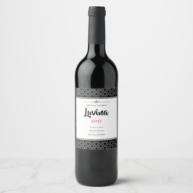 Elegant Black and White Petal Mandala Pattern Wine Label (Front)