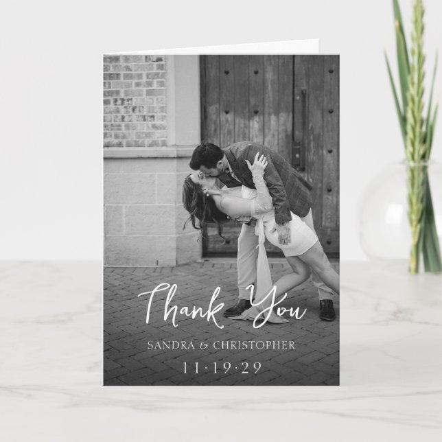Elegant Black and White Photo Modern Wedding Thank You Card (Front)