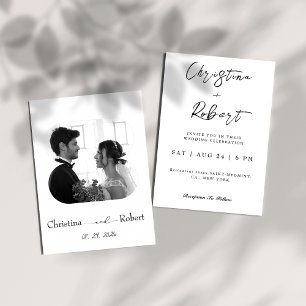 elegant black and white photo wedding  invitation