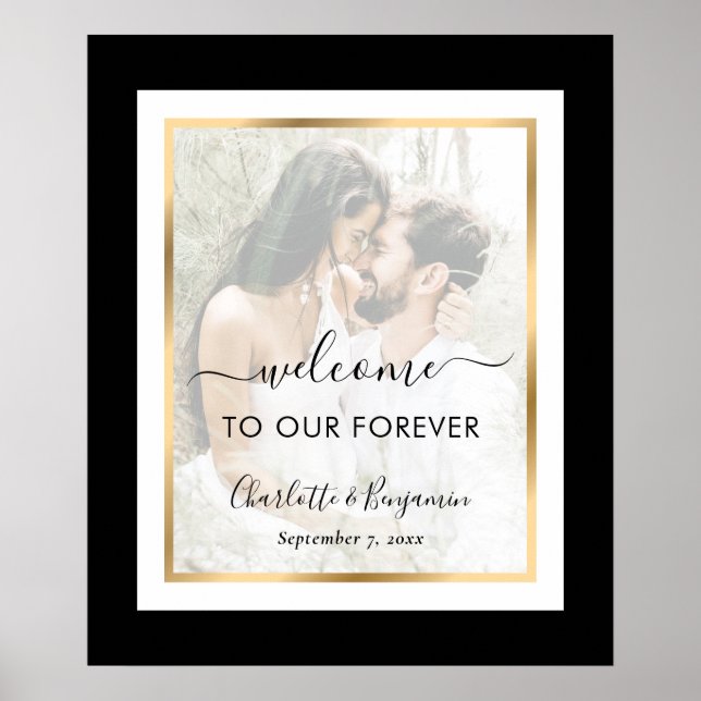 Elegant Black and White Photo Wedding Welcome Sign (Front)