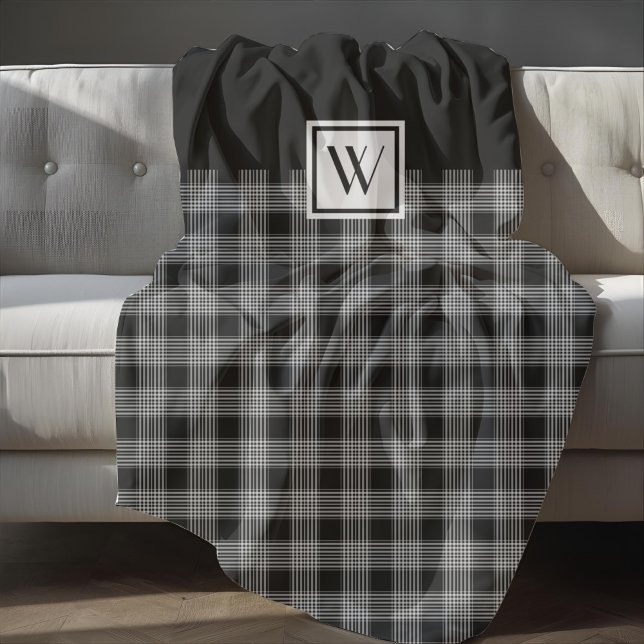 Elegant Black And White Plaid Checks Monogram Fleece Blanket (Elegant Black And White Plaid Checks Monogram Fleece Blanket)