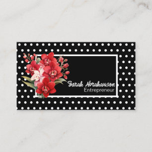 Elegant Black and White Polka Dot Floral Business Card