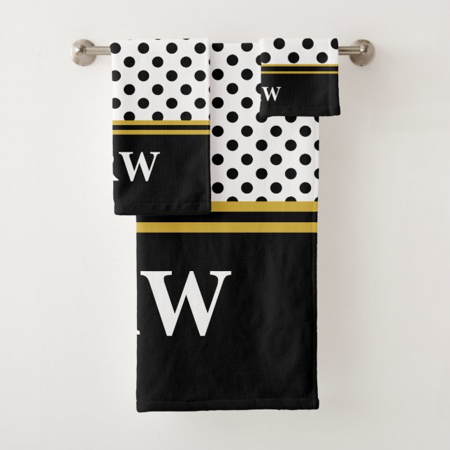Elegant Black and White Polka Dot Pattern Monogram Bath Towel Set (Insitu)
