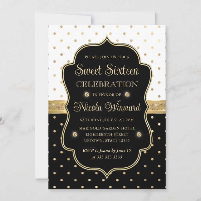 Elegant Black and White Polka Dots Sweet Sixteen Invitation (Front)