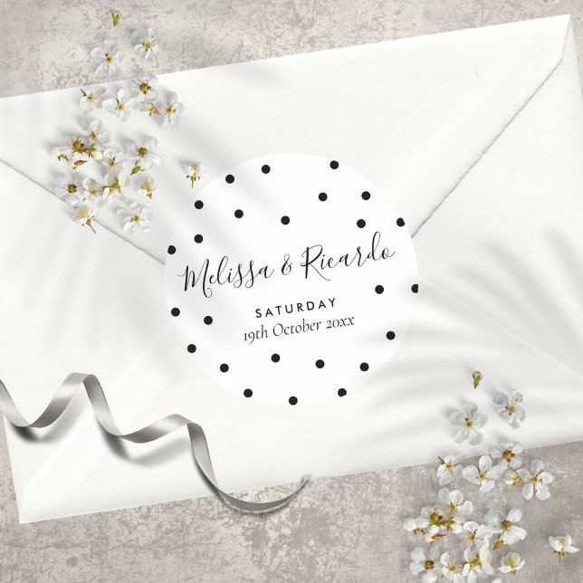 Elegant Black and White Polka Dots Wedding Classic Round Sticker (Elegant Black and White Polka Dots Wedding Classic Round Sticker)