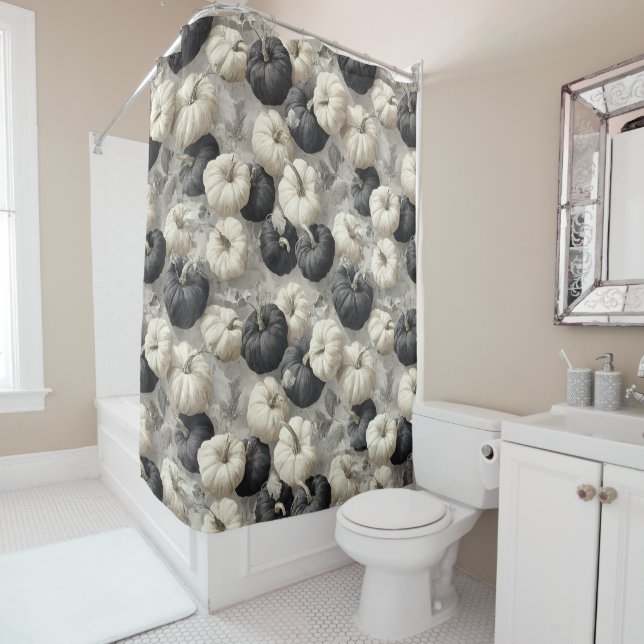 Elegant Black and White Pumpkins Shower Curtain (In Situ)