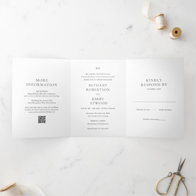 Elegant Black and White QR Code Classic Wedding Tri-Fold Invitation (Inside)