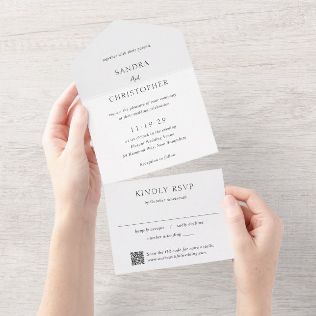 Elegant Black and White QR Code Modern Wedding All In One Invitation (Tearaway)