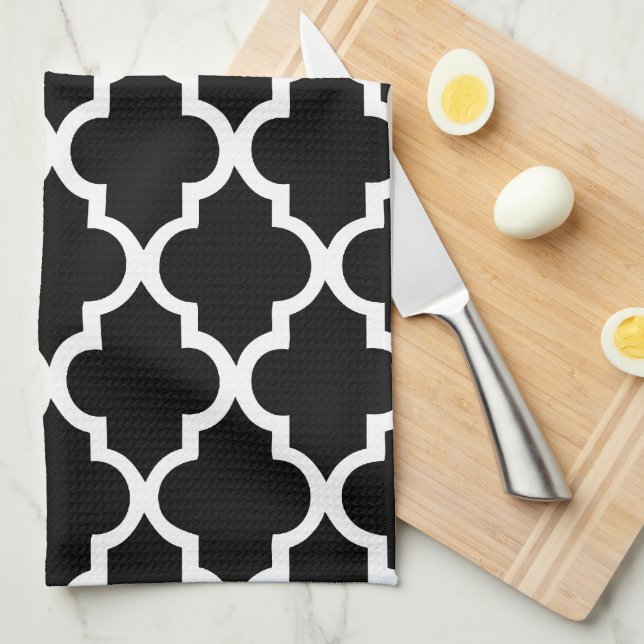 Elegant Black and White Quatrefoil Tiles Pattern Tea Towel (Quarter Fold)