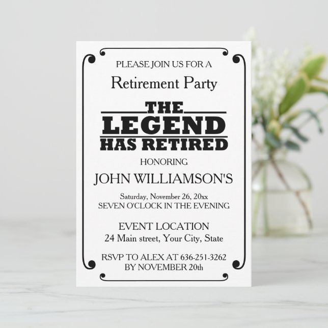 Elegant Black and White Retirement party Invitation (Standing Front)