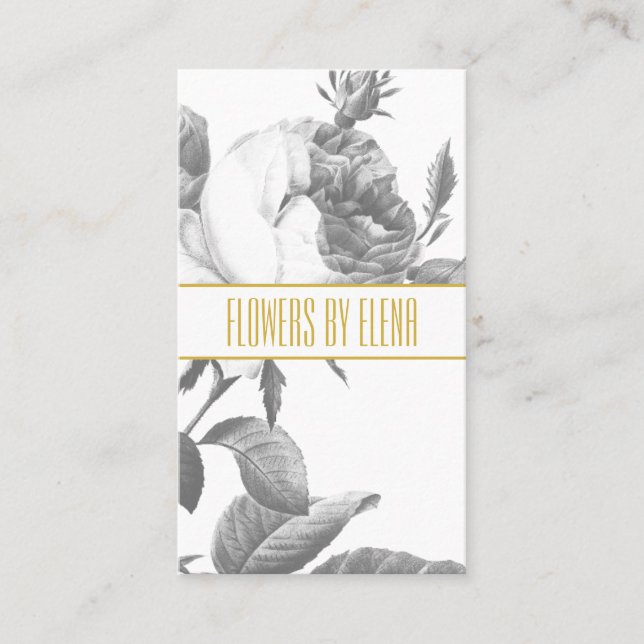 Elegant black and white rose flowers chic gold business card (Front)