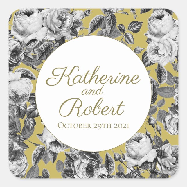 Elegant Black And White Roses on Gold Wedding Square Sticker (Front)