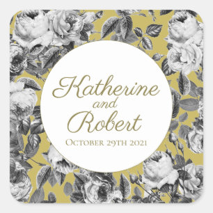 Elegant Black And White Roses on Gold Wedding Square Sticker