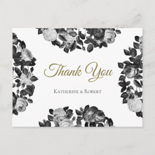 Elegant Black And White Roses Thank You Postcard
