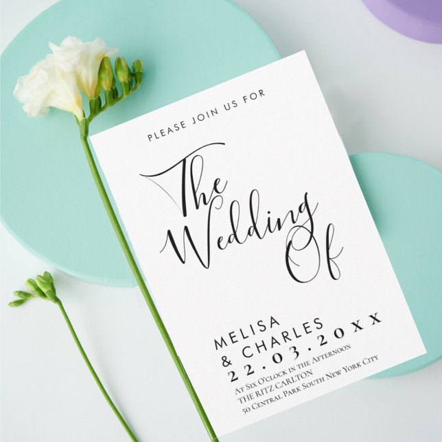 Elegant black and white script calligraphy  invitation (Trendy modern black script on white background wedding invitation)