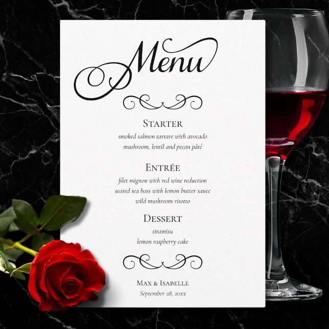 Elegant Black and White Script Calligraphy Wedding Menu (chic elegant black and white script calligraphy wedding menu, rehearsal dinner, engagement party)