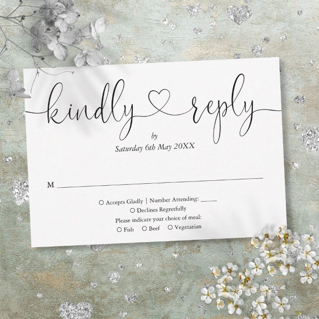 Elegant Black And White Script Heart Kindly Reply RSVP Card (Elegant Black And White Script Heart Kindly Reply RSVP Card)