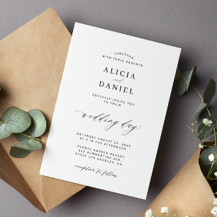 Elegant black and white script minimalist wedding invitation