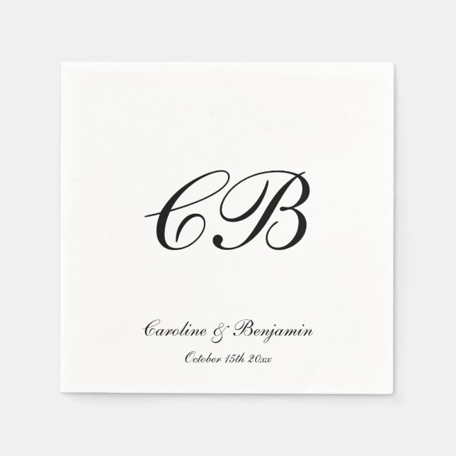 Elegant Black and White Script Monogram Wedding Napkin (Front)