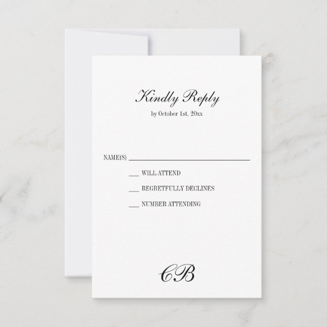 Elegant Black and White Script Monogram Wedding RSVP Card (Front)