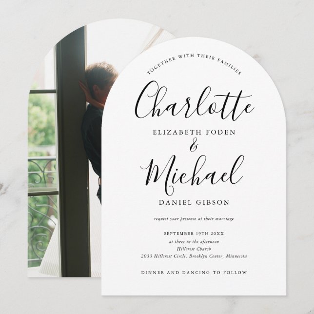 Elegant Black And White Script Photo Arch Wedding Invitation (Front/Back)
