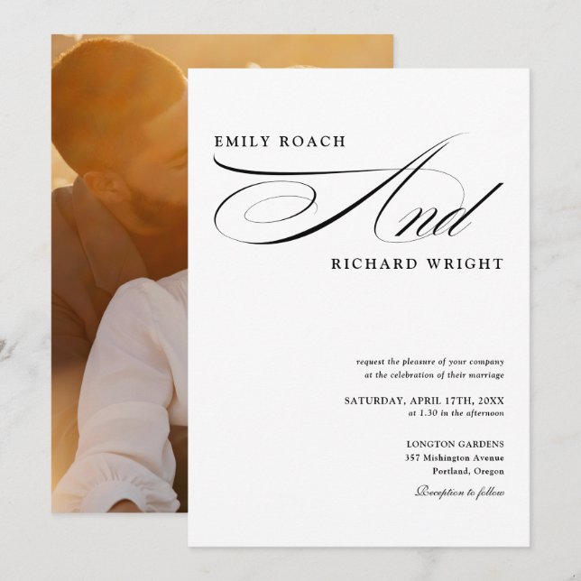 Elegant Black And White Script Photo Wedding Invitation (Front/Back)