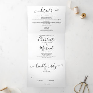 Elegant Black And White Script Photo Wedding Tri-Fold Invitation