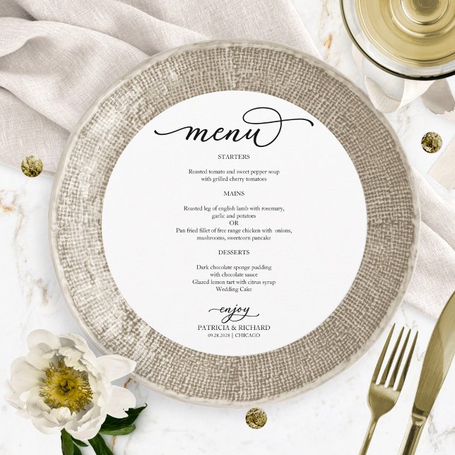 Elegant Black and White Script Round Wedding Menu (Creator Uploaded)