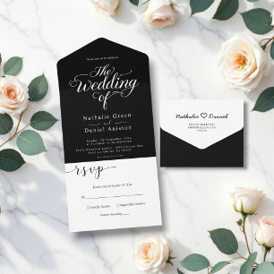 Elegant Black and White Script Simple Wedding All In One Invitation